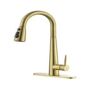 Gold Kitchen Faucets with Pull Down Sprayer; Kitchen Sink Faucet with Pull Out Sprayer; Fingerprint Resistant; Single Hole Deck Mount; Single Han