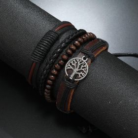 Vintage Handmade Multilayer Four-piece Set Bracelet with Peace Tree Life Tree Leather Bracelet