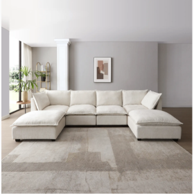 130 Inch Modular Sectional Sofa, Linen Fabric Couch Set With Convertible Ottoman,U Shaped Sofa,comfortable,Freely Combinable Sofa For Living Room (Color: Beige)