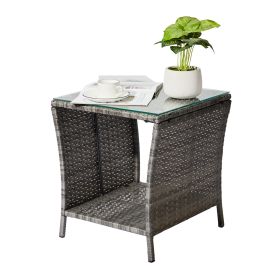 Glass Surface Gray Gradient Double-layer Woven Rattan Edge Table (Color: Grey)