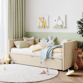 Twin Size Upholstered Daybed With  Up Trundle, Beige (Color: Beige)