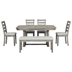 TREXM 6-Piece Rubber Wood Dining Set With Wood Grain Pattern Tabletop (Option: Gray)