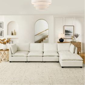 Convertible Sectional Sofa Couch With Ottoman, Cloud Couch 4 Seat L Shaped Sofa With Padded Armrests And Ottoman .Cloud Sofa For Living Room, Apa (Color: Beige)
