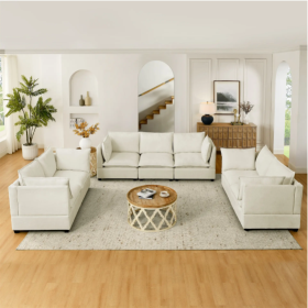 3-Piece Chenille Fabric Upholstered Living Room Furniture Set, Including 3-Seater Sofa AndV2 Loveseat Sofa With Seat And Back Cushion Beige White (Color: Beige)