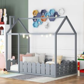 Twin Size Wood House Bed Frame With Fence For Kids, Teens - No Slats (Option: Gray)