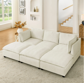 Comfy Cloud Couch Sectional 3 Seat Sofa With 2 Ottoman, Chenille Sofa Sleeper Deep Seat Sofa With Throw Pillows For Living Room Beige White (Color: Beige)