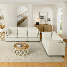 2-Piece Chenille Fabric Upholstered Living Room Furniture Set, Including 3-Seater Sofa And Loveseat Sofa With Seat And Back Cushion Beige White (Color: Beige)