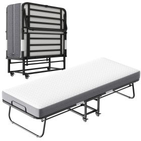 Folding Bed With Mattress  Foam Mattress All Steel Pipe Frame (Color: black)