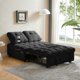 Modern Sofa Velvet Pull-out Bed,Independently Removable Backrest, Have USB Port And Swivel Phone Stand ,black (Color: black)