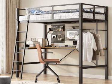 Twin Metal Loft Bed With L-Shaped Desk, Charging Station Loft Bed Frame Twin Size, Safety Guard & Ladder, No Box Spring Needed, Black (Option: LT)