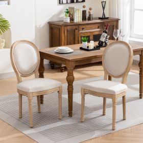 French Style Solid Wood Antique Linen Fabric Dining Chair, Set Of 2 (Color: Beige)