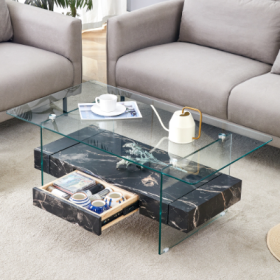 43.3 Inch Modern Two-Tier Coffee Table - Clear Tempered Glass And Black Marble Texture, Multifunctional Storage Design.The Bottom Tier Includes A (Color: black)