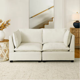 Modern Chenille Comfy Upholstered 2-Seat Sofa With 2 Lumbar Pillow, Deep Seat Sofa Sleeper For Living Room, Apartment, Office, Studio Beige White (Color: Beige)