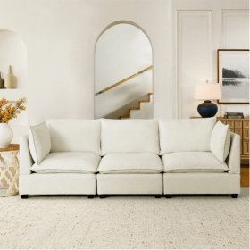 Modern Chenille Comfy Upholstered 3-Seat Sofa With 2 Lumbar Pillow, Deep Seat Sofa Sleeper For Living Room, Apartment, Office, Studio  Beige Whit (Color: Beige)
