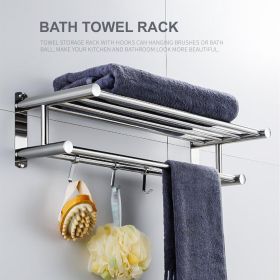 Bath Towel Rack Double Layered Bathroom Shelves with 4 Removable Hooks Wall Mounted Towel Holder 23 Inch Towel Bar Rustproof Stainless Steel Towe (Color: silver)