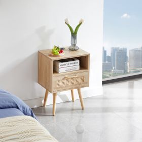 15.75  Rattan End Table With Power Outlet, USB Ports, Drawer   Solid Wood (Option: Natural)