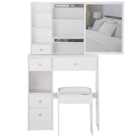 29.2 Small Space Left Drawer Desktop Vanity Table  Cushioned Stool, Extra Large Right Sliding Mirror, Multi Layer High Capacity Storage, Practica (Color: White)