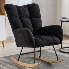 Rocking Chair With Pocket, Soft Teddy Fabric Rocking Chair For Nursery, Comfy Wingback Golider Rocking Chair With Safe Solid Wood Base For Living (Option: H08LY0119CBLACK)