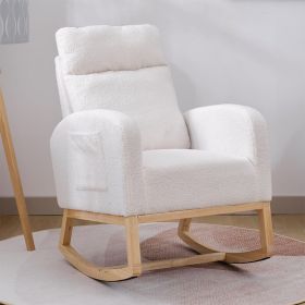 Modern Accent Rocking Chair Rocking Chair With Solid Wood Legs, Upholstered Nursery Glider Rocker, Comfy Armchair With Side Pocket, Living Room L (Color: White)