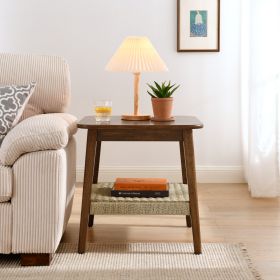 Mid-Century Side Table With Woven Shelf, Boho Bedside Storage Table (Option: Walnut)