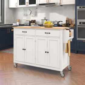 54.3Kitchen Island Cart Solid Wood Top, Locking Wheels, 4-Door Cabinet (Color: White)