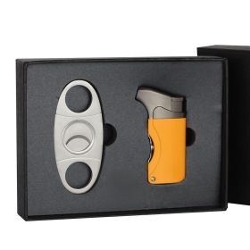 Luxury Cigar Lighter Torch Windproof Cigarette Lighters Cigar Cutter Scissors Sharp Cigar Lighter Cutter Set for Gift (Color: C Logo Yellow Set)