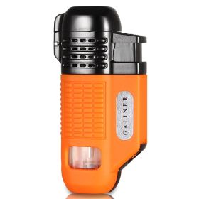 GALINER Metal Cigar Lighter Gas Butane Portable Windproof 4 Jet Torch Lighters Pocket Smoking Cigar Burner Isqueiro (Color: Beige)