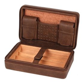 GALINER Portable Humidor Cigar Travel Case Leather Cedar Wood 4 Tube Holder Cigar Humidor Box W/ Cigar Accessories (Color: Only Brown Case)
