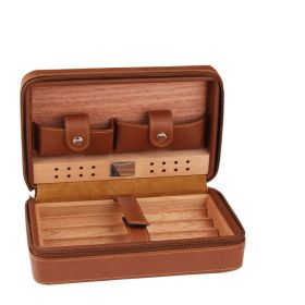 GALINER Leather Cigar Humidor Travel Cedar Wood Cigar Case 4 Tube Holder Sigaar Box For Cigars Outdoor Humidor Box (Color: GALINER BROWN)