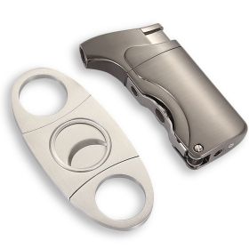 Windproof Butane Lighter Cutter Cigar Accessories Set Metal Gas Torch Lighters Stainless Steel Sharp Cigar Cutter (Color: Gray)