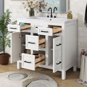 36" Bathroom Vanity Cabinet with Resin Integrated Sink - 4 Drawers, 2 Doors (Color: White, Material: Solid Wood+MDF+Resin)