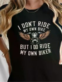 Women's Soft Motorcycle Biker & Wings Graphic Print Crew Neck Short Sleeve T-Shirt - Black, Casual Comfort Fit, Machine Washable (Color: black, size: XL)
