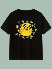 Pizza Lover Graphic Tee, 100% Cotton Crew Neck T-Shirt, Geometric Pattern Applique, All-Season Sports Style, Regular Fit (Color: black, size: M)