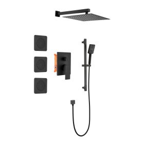 Shower System With Shower Head, Hand-held Shower, Slide Bar, Spray, Shower Arm, Hose, Valve Trim And Lever Handle (Color: black)