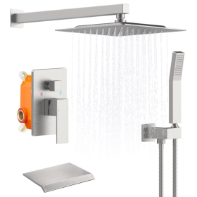 Rain Shower System Matte Black Tub Shower Faucet Set 10 Inch Square Rainfall Shower Head With Handheld Sprayer And Waterfall Tub Spout Pressure B (Option: Brushed Nickel)