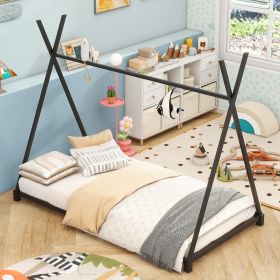 Metal Twin Size House Platform Bed With Triangle Structure, Black (Color: black)